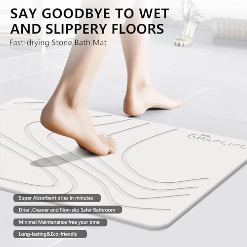 Image of BELADOR Rubber- Stone Bath Mat, Diatomaceous Earth Shower Rectangular Shape Mat, Non-Slip Super Absorbent Quick Drying Bathroom Floor Mat, Natural, Easy to Clean (White Wave)
