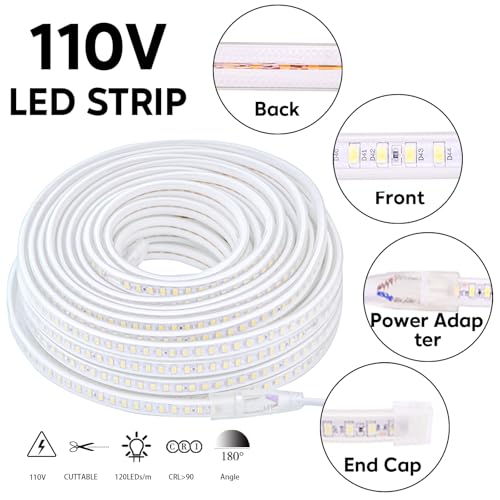 Image of 3.28ft LED Strip Lights AC 110V Waterproof Outdoor Light SMD 5730 120LEDs /m 3000K Warm White LED Rope Lights Flexible Cuttable LED Lights for Bedroom Wall Kitchen Under Cabinet Lighting