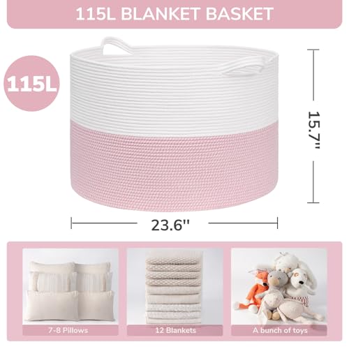 Image of INDRESSME 115L Extra Large Pink Laundry Basket for Nursery Stuffed Animal Storage, Blanket Rope Baby Baskets Kids Toy Organizer Dorm Room Essentials for Girls, Pink