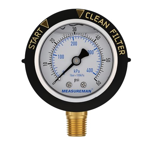 MEASUREMAN 2" Stainless Steel Swimming Pool Filter Pressure Gauge, 0-60 PSI, Waterproof, Clean Filter Indicator, 1/4" NPT Lower Mount for Spa, Aquarium, and Water Pump Pressure Testing