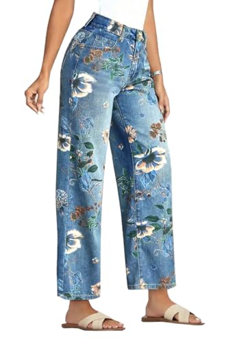 Floral Jeans for Women High Waisted Wide Leg Baggy Jean Comfortable for Women Casual Denim Pants2