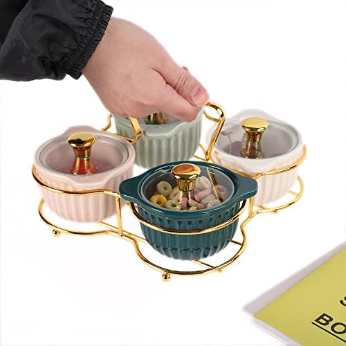 CAXIMSY Condiment Pots Container Seasoning Box Set of 4 Porcelain mosquito jar spices container with cover glass holders stainless steel spoon and tray for your home kitchen counter (Mixed Color)