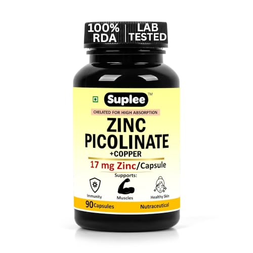 Image of Suplee Zinc Picolinate with Copper Gluconate | High Absorption Zinc Supplement | Immunity, Skin Health & Muscle Support | 90 Veg Capsules