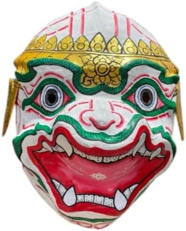 Handmade Thai Hanuman Khon Mask, White Papier-Mâché Decorative Wall Mask, Traditional Thai Art Collectible