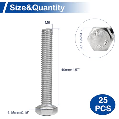 Image of MroMax 25Pcs M6-1 Hex Bolts, M6 x 40mm Hex Head Screws Bolts | 304 Stainless Steel 18-8, Fully Threaded, External Hex Drive, for Hinge Fastening and Metal Frame