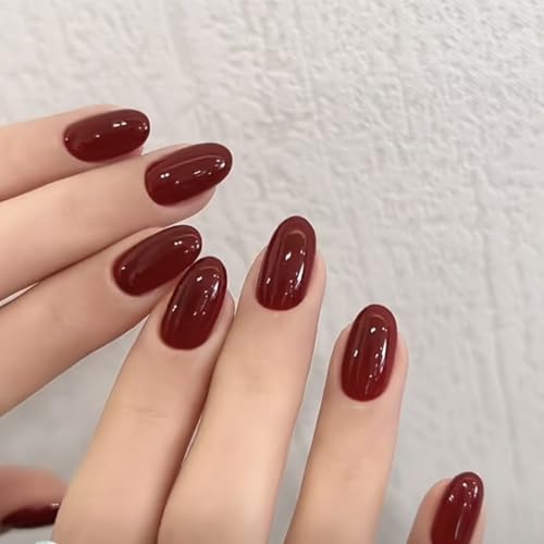 modelones Dark Red Short Press On Nails, Oval Fake Nails