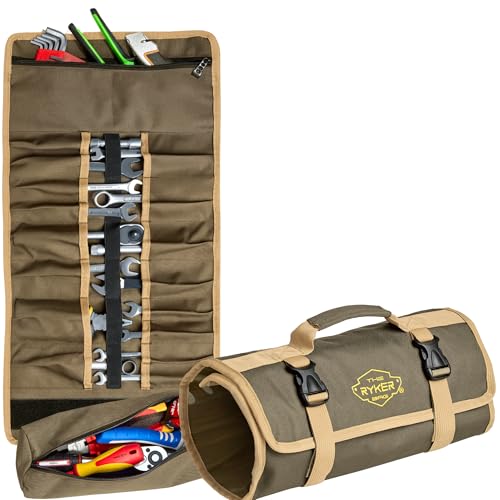 Image of Ryker Wrench Roll Up Tool Bag Organizer. Soft Motorcycle rollup tool pouch | Heavy Duty Small Tool Roll Bag. Mechanics Storage Gifts for him. Multiple Pockets for Survival Overland Gear, Sockets & Tools