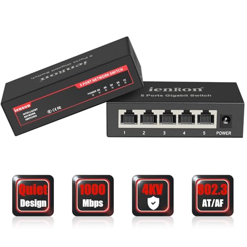 Image of 5 Port Gigabit Ethernet Switch, 1000Mbps Network Hub, Plug & Play, Fanless Metal Housing, Wall /Desktop Mount for Home /Office /Gaming /Streaming , Black