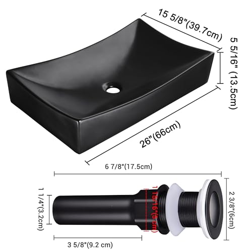 Aquaterior Porcelain Bathroom Vessel Sink 26\"x15\" Rectangle with Pop up Drain Set Above Counter Vanity Basin Black Industrial Modern - Thumbnail 3