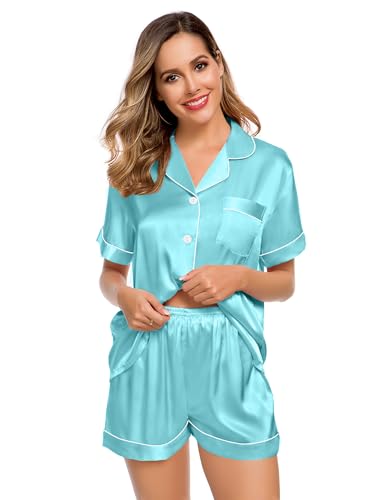 Image of LecGee Womens Silk Satin Pajamas Short Sleeve Loungewear Two-Piece Sleepwear Button-Down Pj Set