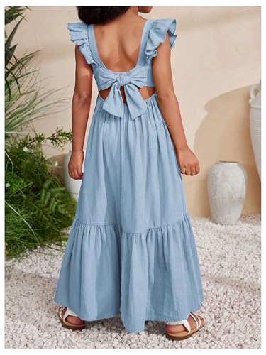 WDIRARA Toddler Girl's Square Neck Ruffle Sleeve Bow Knot Back Dress A Line Long Dress4
