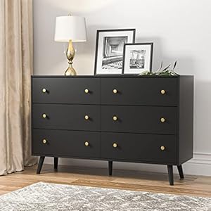 Black dresser for bedroom modern 6 drawer dresser wide chest of drawers with gold handles wood double dresser storage cabinet for living room bedroom hallway  urban country home decor
