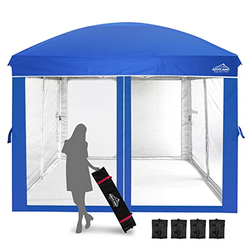 Image of AIGOCANO Canopy Tent with Netting Screen,10x10 Easy Pop Up Gazebo for Outdoor Parties,Camping,Foldable Patio Gazebo with Roller Bag and 4 Sandbags (Blue)