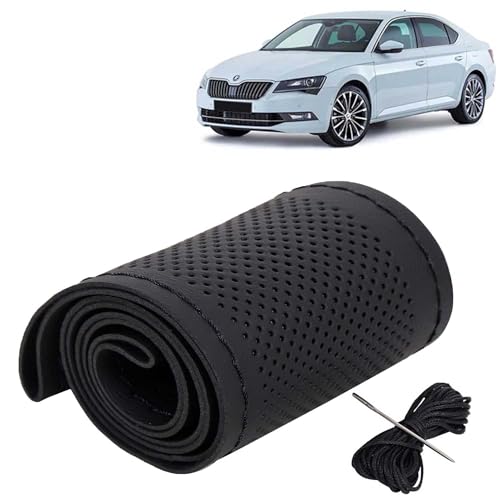 Image of KINGSWAY PU Leatherite Car Steering Cover Sewable Compatible with Skoda Superb (Year 2020 Onwards), Black Color with Black Thread, Pack of 1 with Sewing Needle and Thread