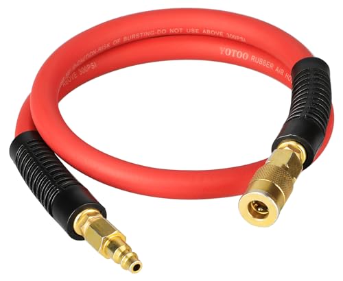YOTOO Heavy Rubber Short Air Hose 3/8-Inch by 3-Feet 300 PSI Lead in Air Compressor Hose Kink Resistant All-Weather Flexibility with 1/4-Inch Brass Male Fittings Bend Restrictors Red