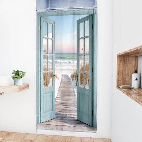 Image of Riyidecor Small Stall Blue Beach Shower Curtain 36Wx72H Inch Ocean Teal Barn Door Rustic Coastal Seaside Scenery Wood Hawaii Summer Beachy Path Bathroom Decor Fabric Polyester Waterproof 7 Pack Hooks