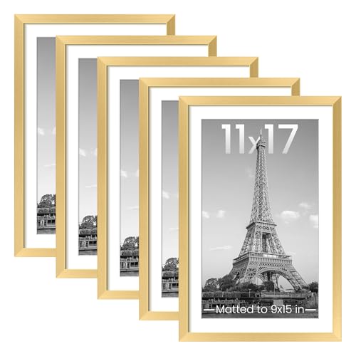 Image of upsimples 11x17 Picture Frame Set of 5, Display Pictures 9x15 with Mat or 11 x 17 Without, Wall Gallery Poster Frames, Gold