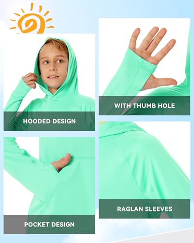 Image of Boys Rash Guard Long Sleeve Hoodie Swim Shirt with Pocket Youth Kids UPF 50+ Sun Protection Fishing Shirts Thumb Hole