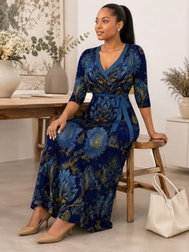 Image of SUZONANA Plus Size Dresses for Women Floral Print Maxi Dress Flowy 3 /4 Sleeve with Belt