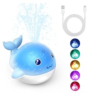 PHNIXGAM Upgraded Rechargeable Baby Bath Toy with Easy Charging, LED Light Up Whale Bath Toy Sprinkler Bathtub Pool Water Fountain Toy for Infant Toddlers Kids, Blue