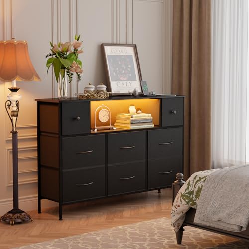 Fixwal Dresser for Bedroom TV Stand for 55 Inch TV with Charging Station and LED Light, Fabric Chest of Drawers, 8 Drawer Kids Dressers for Boys Bedroom, Living Room, Closet (Black)