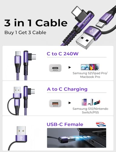 Image of AINOPE 240W Long USB C Cable Multi 4 in 1 Charging Cable Fast Charging C Type Charger Fast Charge USB to USB C,Right Angle Fit iPhone 16 15 Pro Max iPad Samsung 10FT Purple