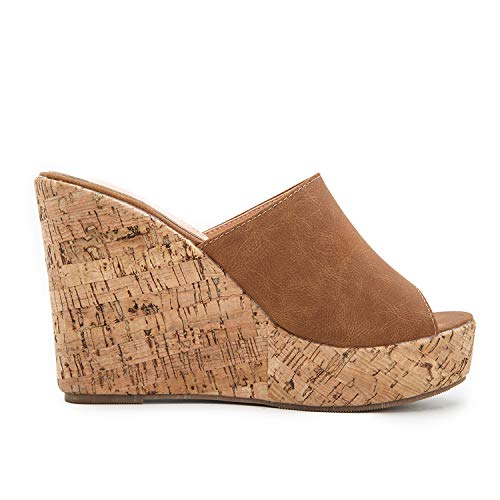 Lehoor Cork Wedge Mules For Women Platform Slide Sandals Peep Toe, High Wedge 4.5Inch Slippers Microfiber Suede Tan 10 M Us #TOP1