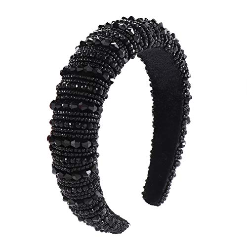 Baroque Rhinestone Padded Headband For Woman Girls Statement Wide Hairbands Bejewelled Party Wedding Headwear Hair Accessories (black beaded)