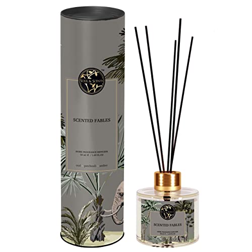 Image of Soul & Scents 50ml Scented Fables Reed Diffuser Set | Fragrance of Oud, Patchouli & Amber | Get 5 Rattan Reed Sticks | Smoke Less Room Freshener for Home, Bedroom, Living Room & Office
