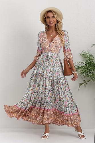 Image of Women Short Sleeve V Neck Floral Print Casual Bohemian Maxi Dresses