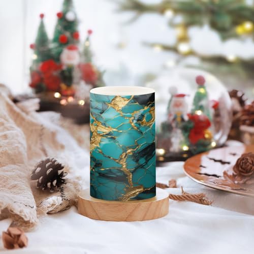 Image of Flickering Flameless Candles, Turquoise Golden Marble LED Candles with Remote Timer, Set of 2 Battery Operated Candle for Valentine Wedding Birthday
