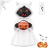 Hkojewp Halloween Ghost Figurine, Spooky Black Cat Resin Ghost Statue, Cute Ghost Figurine, Black Cat with Hat Pumpkin Decor, Statue Indoor Decor Gifts for Halloween Home Decoration