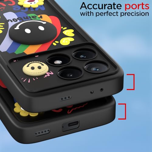 Image of Pikkme Back Cover for Poco X6 Pro 5G | Soft Silicone| Cute Rainbow Smile & 3D Cartoon Flower Design | Shockproof Raised Camera Protection Bumper Case (Black)