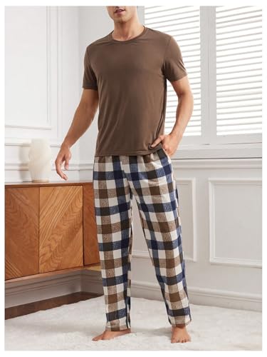 Men's 2 Piece Pajama Set Crew Neck Short Sleeve T Shirt and Plaid Pants Loungewear4
