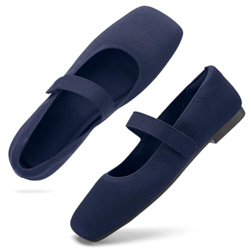 Image of Soesyi Wide Toe Box Flats Women Comfort Slip On Ballet Shoes Mary Jane Dressy Knit Flats with Adjustable Straps Washable Casual Office