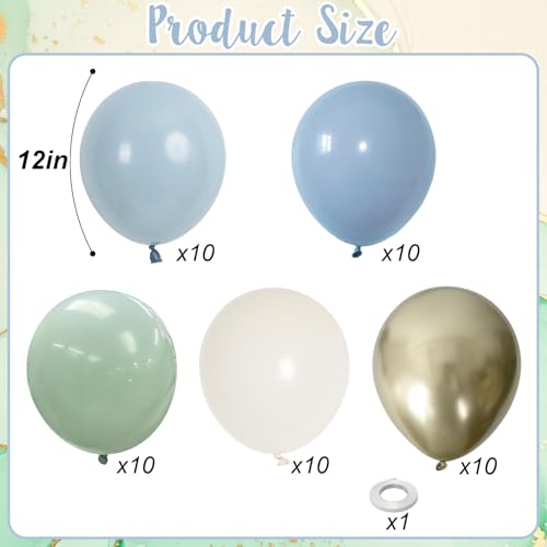 Image of Dusty Blue Green Balloons, Slate Fog Blue Dusty Green Ivory Balloons with Metallic Light Gold Balloon for Women Men Boho Jungle Safari Birthday Bridal Baby Shower Wedding Engagement Party Decorations