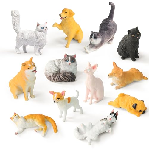 RECUR Cats & Dogs Animal Figurines Set, 12 Pcs Hand-Painted