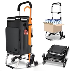 VOUNOT Folding Shopping Trolley on 6 Wheels, Aluminium Lightweight Shopping Cart with Insulated Cooling Bag, 2 Hooks, 2 Side Pockets, Stair Climbing Grocery Trolley, 50L Black