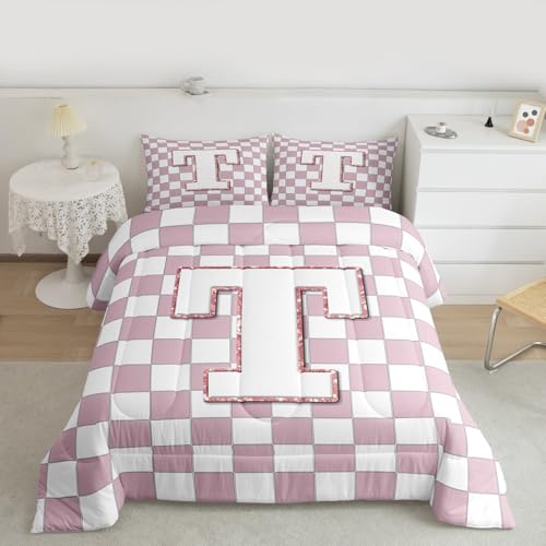 Image of Erosebridal Pink Initial T Comforter Set King Kawaii Plaid Checkered Bedding Set Cute Personalized Monogram Comforter for Kids Girls Teen Women,Fashion Grids Gingham Quilt Duvet