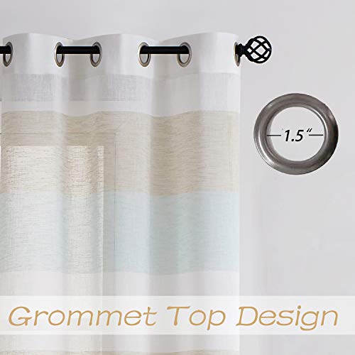 Central Park Tan And Spa Blue Stripe Sheer Color Block Window Curtain Panel Linen Window Treatment For Bedroom Living Room Farmhouse 120 Inches Long With Grommets, 2 Panel Rustic Drapes #TOP3