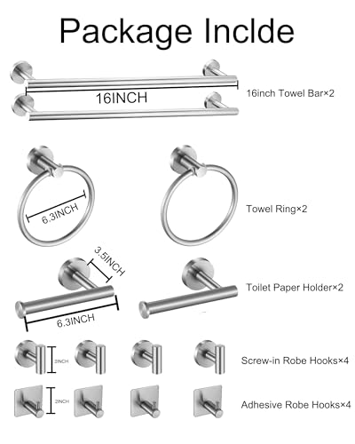 Bathroom Hardware Set Brushed Nickel, 14 Pieces Bathroom Accessories Set 2pcs 16 Inch Towel Bar,2 pcs Toilet Paper Holders, and 2 pcs Towel Ring and 8 Robe Hooks - Image 2