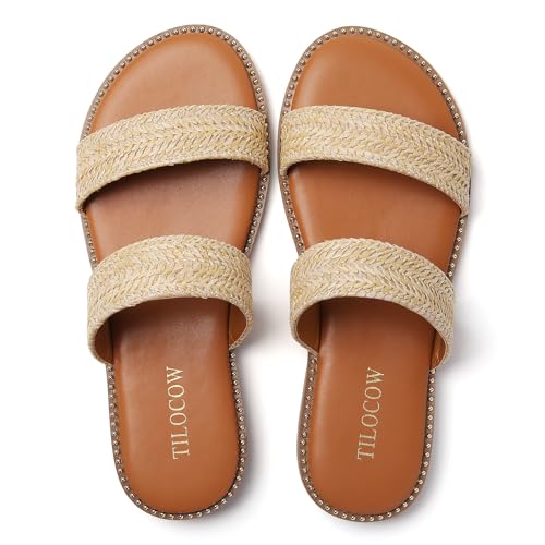Image of Tilocow Women's Flat Sandals Two Strap Summer Dressy Studded Slide Sandals Open Toe Cute Casual Slip on Comfort Shoes for Beach Travel Daily Wear