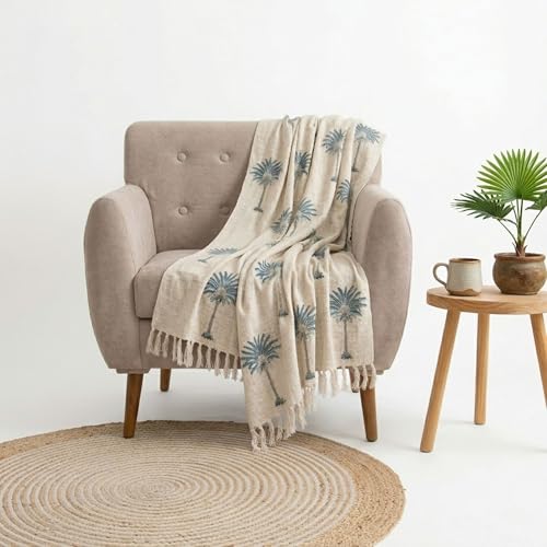 Image of Handwoven Cotton Sofa Throw Blanket with Tassels 50x70 Inches Lightweight Decorative Couch & Bed Throw (Pack of 1, Blue Khajoor)