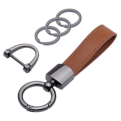 Wisdompro Genuine Leather Car Keychain Universal Key Fob Keychain Leather Key Chain Holder for Men and Women 360 Degree Rotatable with Anti-lost D-ring 3 Keyrings - Brown