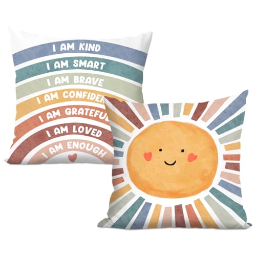 2 Pcs Boho Reading Corner Throw Pillow Covers 18x18 Inch, Positive Affirmation Rainbow Throw Pillows Square Cushion Covers, Rainbow Decorative Pillows...