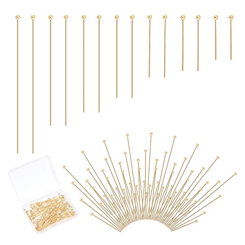PH PandaHall 24K Gold Ball Head Pins, 200pcs, 7 Sizes, 15mm-50mm, Stainless Steel Jewelry Making Pins
