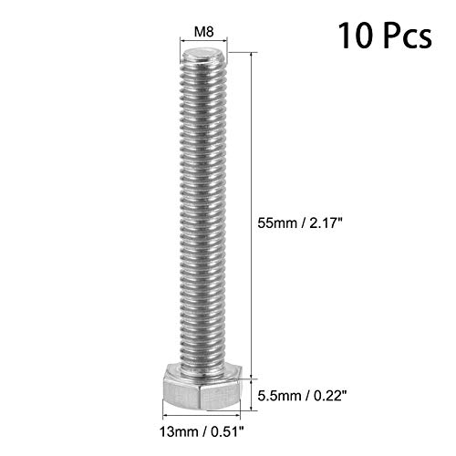 Image of 10 Pcs M8 Hex Bolt M8-1.25 x 55mm UNC Hex Head Screw Bolts A2-70(304) Stainless Steel Fully Threaded Hex Tap Bolts,Plain Finish,Fully Threaded (M8 x 55mm)