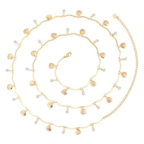 Bohemian Gold Rhinestone Shell Pendant Wavy Chain Waist Chain Jewelry for Women Sexy Hot Beach Bikini Belly Chain for Waist Body Accessories Jewelry Cover