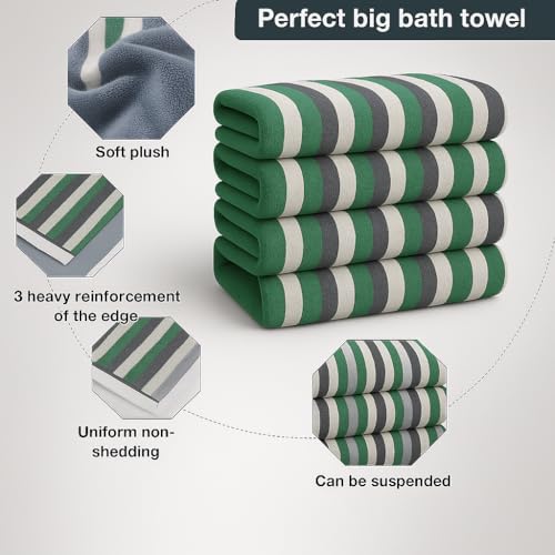Image of Cortina Stripe Printed Microfiber Towels for Bath Large Size-Super Soft Coral Fleece Bathing Towel with Hook Quick Dry Super Absorbent-Bath Towel for Men and Women-70x140 cm [ Green ]