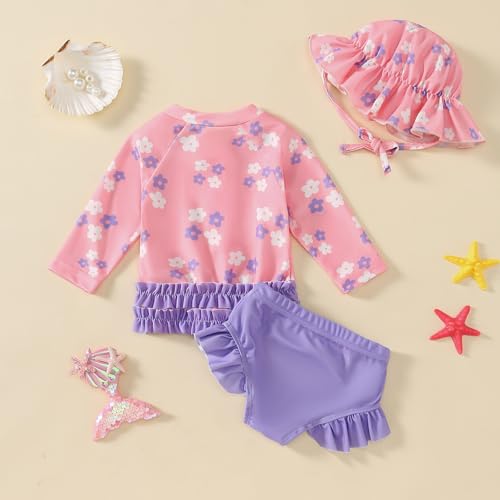 Toddler Girls Swimsuit with Hat Ruffle Stripe Swimwear Summer Beach Bathing Suit 6M-4T2